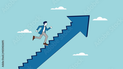 business growth with career path development, investment earning rising up as a path to career success, Improvement or career growth, businessman climbing stairs on rising arrow graph