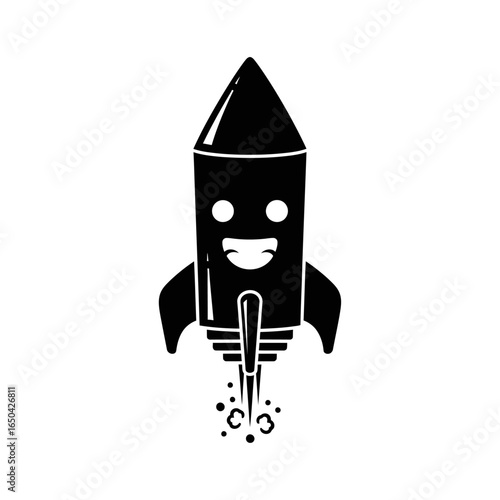 A cartoon rocket ship with a smiling face and smoke trail in black and white simple vector image