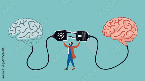 give education, Provide education for human, Obtain knowledge and skills, Mentor and intern, coach and trainee, man connect plug with stupid brain to smart brain concept vector illustration flat style