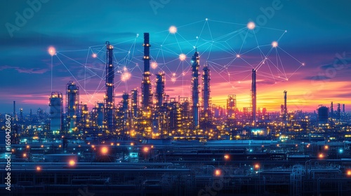 Industrial complex at twilight, connected by network