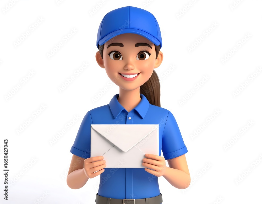 Smiling delivery person in blue uniform holding an envelope with white background Smiling delivery person in blue uniform holding an envelope with white background