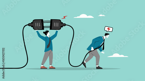 recharge energy or restore enthusiasm for work, refreshing from overwork or tiring activities, businessman connects electrical plug to power source to recharge low battery exhausted businessman worker
