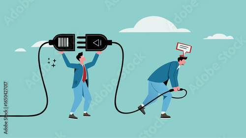 recharge energy or restore enthusiasm for work, refreshing from overwork or tiring activities, businessman connects electrical plug to power source to recharge low battery exhausted businessman worker