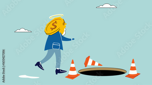 investment scam, Financial Fraud or Illegal Investment, ponzi scheme concept, businessman investor who is lulled by fake investments who walks forward towards a trap hole