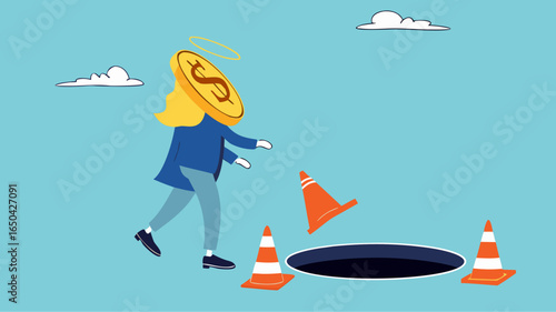 investment scam, Financial Fraud or Illegal Investment, ponzi scheme concept, businessman investor who is lulled by fake investments who walks forward towards a trap hole
