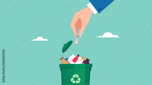 throw away old business ideas, Businessman's hand throws broken light bulb idea into trash can concept vector illustration with flat design style