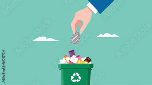 throw away old business ideas, Businessman's hand throws broken light bulb idea into trash can concept vector illustration with flat design style
