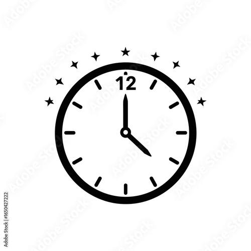 A black and white clock showing the time with stars around it and a white background around clock
