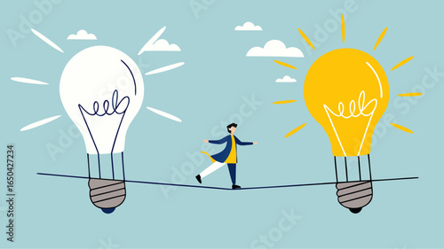 change business strategy illustration with concept of a businessman cross the rope from a dead light bulb to a burning light bulb, innovation in company management change to achieve good business