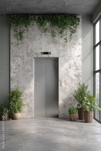 Modern elevator lobby with plants