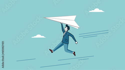 businessman throwing paper plan while sending email, email subscription to send newsletter for product promotions and updates, business launching concept, online communication illustration flat style