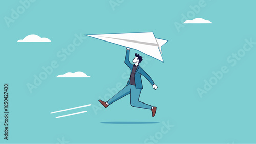 businessman throwing paper plan while sending email, email subscription to send newsletter for product promotions and updates, business launching concept, online communication illustration flat style