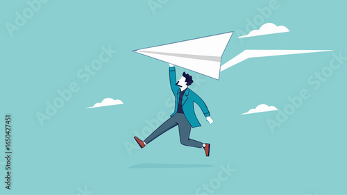 businessman throwing paper plan while sending email, email subscription to send newsletter for product promotions and updates, business launching concept, online communication illustration flat style