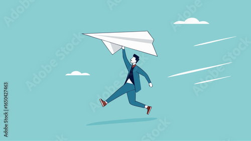 businessman throwing paper plan while sending email, email subscription to send newsletter for product promotions and updates, business launching concept, online communication illustration flat style