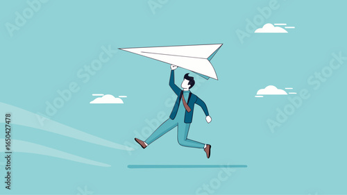 businessman throwing paper plan while sending email, email subscription to send newsletter for product promotions and updates, business launching concept, online communication illustration flat style