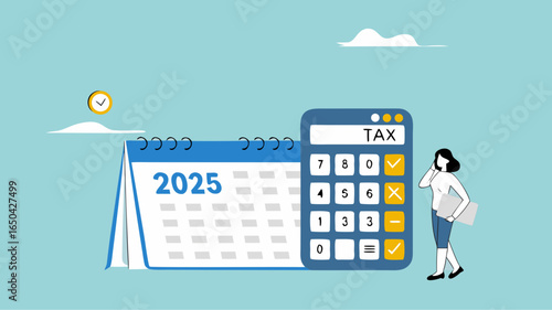 2025 tax form or annual notification of monthly duty and debt, annual income tax filing, Doing taxes accounting and annual financial paperwork, businesswoman standing near a big calculator tax