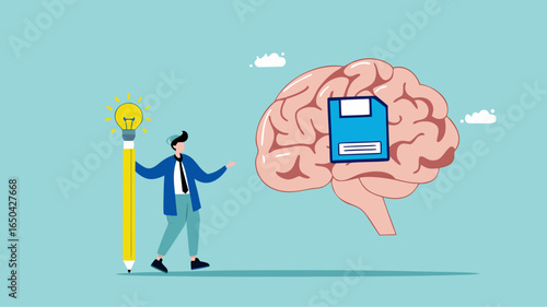 idea memory, reminder of productive plans or new business strategy, thinking skills to form good work habits, remembering or studying work plans, businessman store work plan data in the human brain