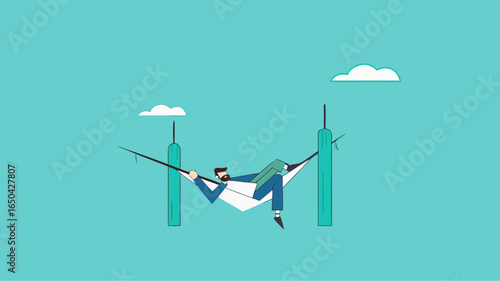 Passive income concept, earning with no effort by make profit or dividend from investment and achieve financial freedom concept, businessman sleeping in hammock with investment growth graph bar
