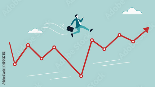 Overcoming financial problems in business or investment with businessman jumping over falling financial graph, creative idea or solution to solve problem, business challenge concept illustration