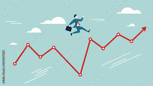 Overcoming financial problems in business or investment with businessman jumping over falling financial graph, creative idea or solution to solve problem, business challenge concept illustration