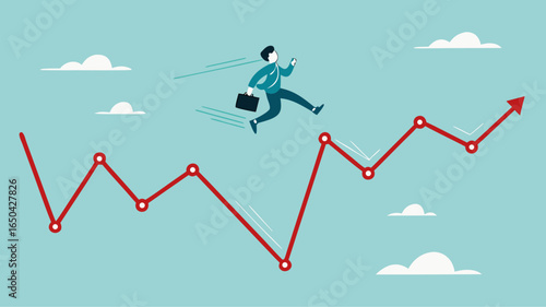 Overcoming financial problems in business or investment with businessman jumping over falling financial graph, creative idea or solution to solve problem, business challenge concept illustration