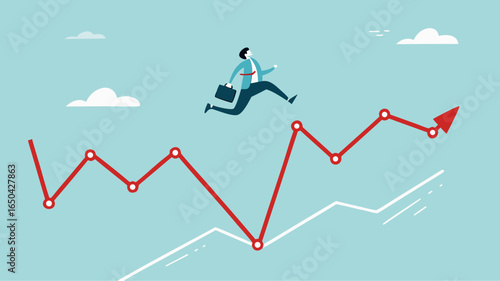 Overcoming financial problems in business or investment with businessman jumping over falling financial graph, creative idea or solution to solve problem, business challenge concept illustration
