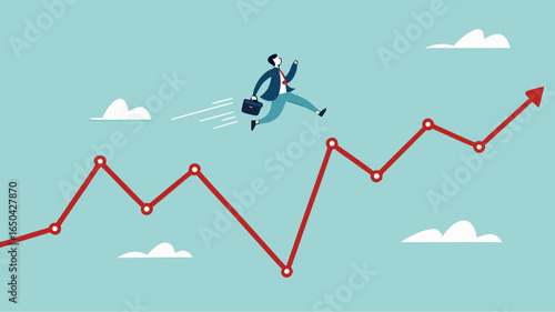 Overcoming financial problems in business or investment with businessman jumping over falling financial graph, creative idea or solution to solve problem, business challenge concept illustration