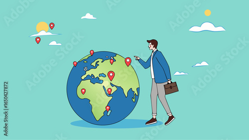 Businessman put new branch pin on world map across globe. Global business expansion, open company branches, franchise in new location to cover all continent. growing business worldwide concept design