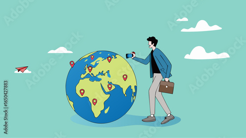 Businessman put new branch pin on world map across globe. Global business expansion, open company branches, franchise in new location to cover all continent. growing business worldwide concept design