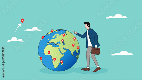 Businessman put new branch pin on world map across globe. Global business expansion, open company branches, franchise in new location to cover all continent. growing business worldwide concept design