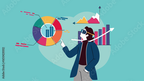 analyze financial data using virtual reality and augmented reality technology, businessman analyzes company marketing and investment chart using mixed reality headset concept vector illustration