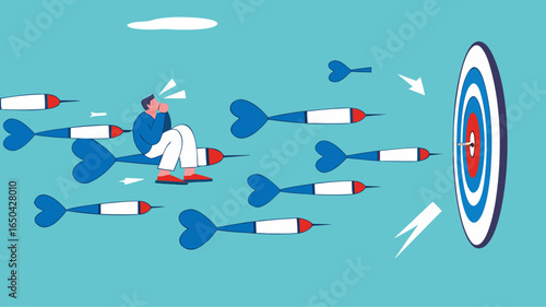 business or marketing target strategy, aim the target audience, introduce products or promotions to the right target audience, businessman control dart with megaphone to reach perfect target