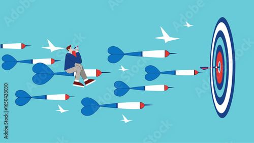 business or marketing target strategy, aim the target audience, introduce products or promotions to the right target audience, businessman control dart with megaphone to reach perfect target