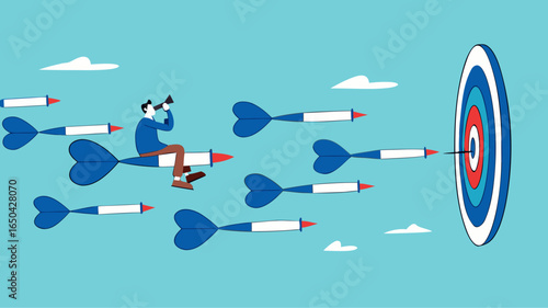 business or marketing target strategy, aim the target audience, introduce products or promotions to the right target audience, businessman control dart with megaphone to reach perfect target