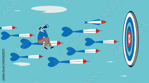 business or marketing target strategy, aim the target audience, introduce products or promotions to the right target audience, businessman control dart with megaphone to reach perfect target