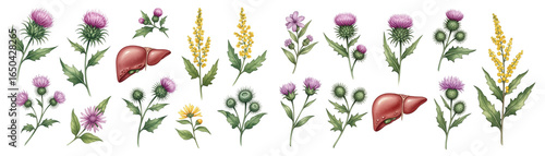 Colorful floral and herbal illustrations featuring various blooms and liver motifs.
