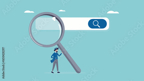 search new job or information, find career opportunity, businessman directs big magnifying glass on search bar