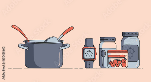 A modern wellness concept illustration featuring a cooking pot, preserved food in jars, and a smartwatch for tracking health and fitness