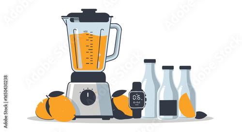 Morning routine illustration of preparing a nutritious fruit beverage with a smart gadget for health and wellness tracking
