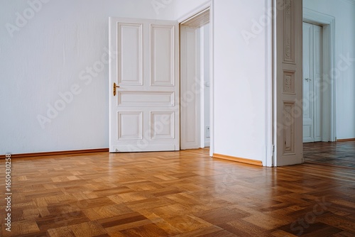 Empty room with parquet flooring and open doors