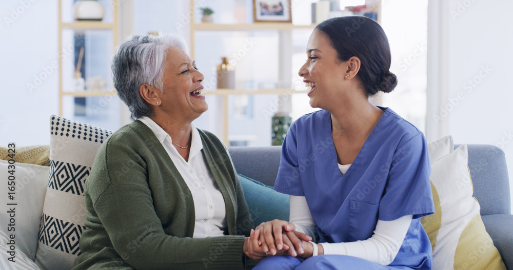 Obraz premium Caregiver, holding hands and elderly woman at house for good news, assistance and medical results. Nurse, support and laughing with senior person, healthcare advice and patient diagnosis at homecare