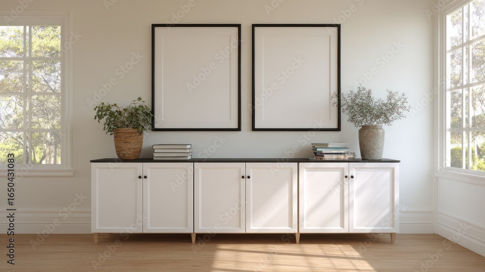 Fototapeta premium Bright Modern Living Room Wall with White Cabinet and Framed Artwork