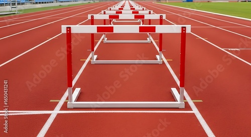 Endless hurdles: a red athletic track with red and white hurdles in linear perspective