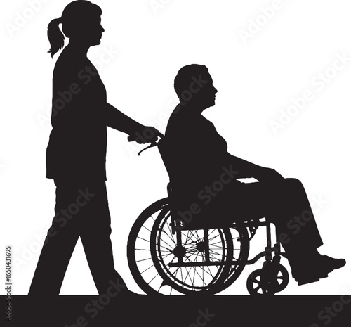 Caregiver Pushing Elderly Person in Wheelchair Silhouette Vector Illustration