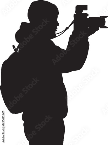 Photographer Silhouette with Camera and Flash, Man Backpacking, Photo Journalist Vector Outline