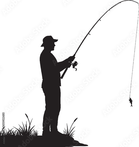 Fisherman Silhouette with Fishing Rod and Hooked Fish Vector Illustration