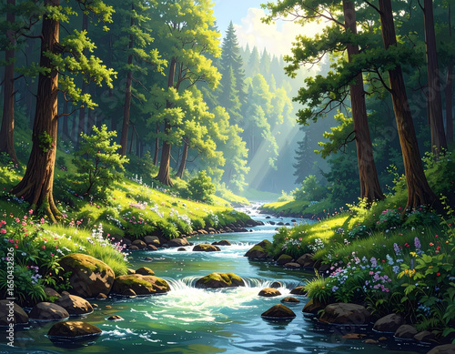 Wallpaper Mural Forest stream scene sunlight Torontodigital.ca