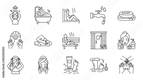 Personal Hygiene and Spa Wellness Line Style Vector Icon Set
