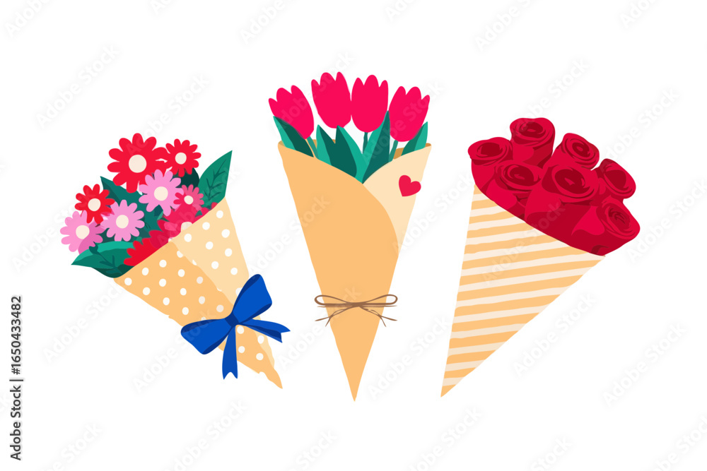 Obraz premium Three colorful bouquets of flowers on a black background