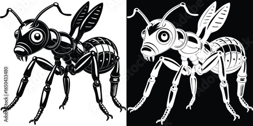 Intricate mechanical ant duo in contrasting monochrome creates bold graphic science fiction art